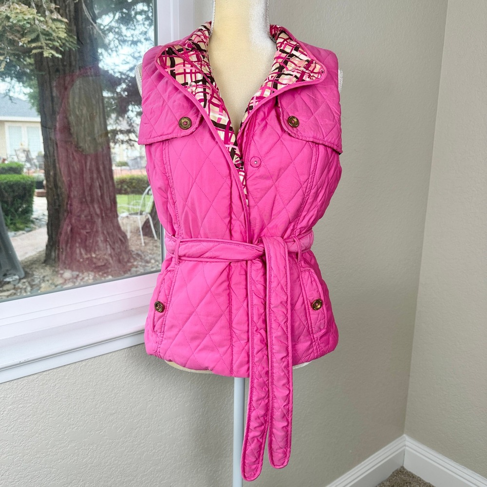 Lilly Pulitzer Reversible Quilted Puffer Vest Pink Plaid Belted Womens‎ M Preppy